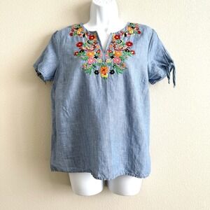 Talbots Bird Embroidered Linen Top Womens Medium Petite Casual Colorful Boho